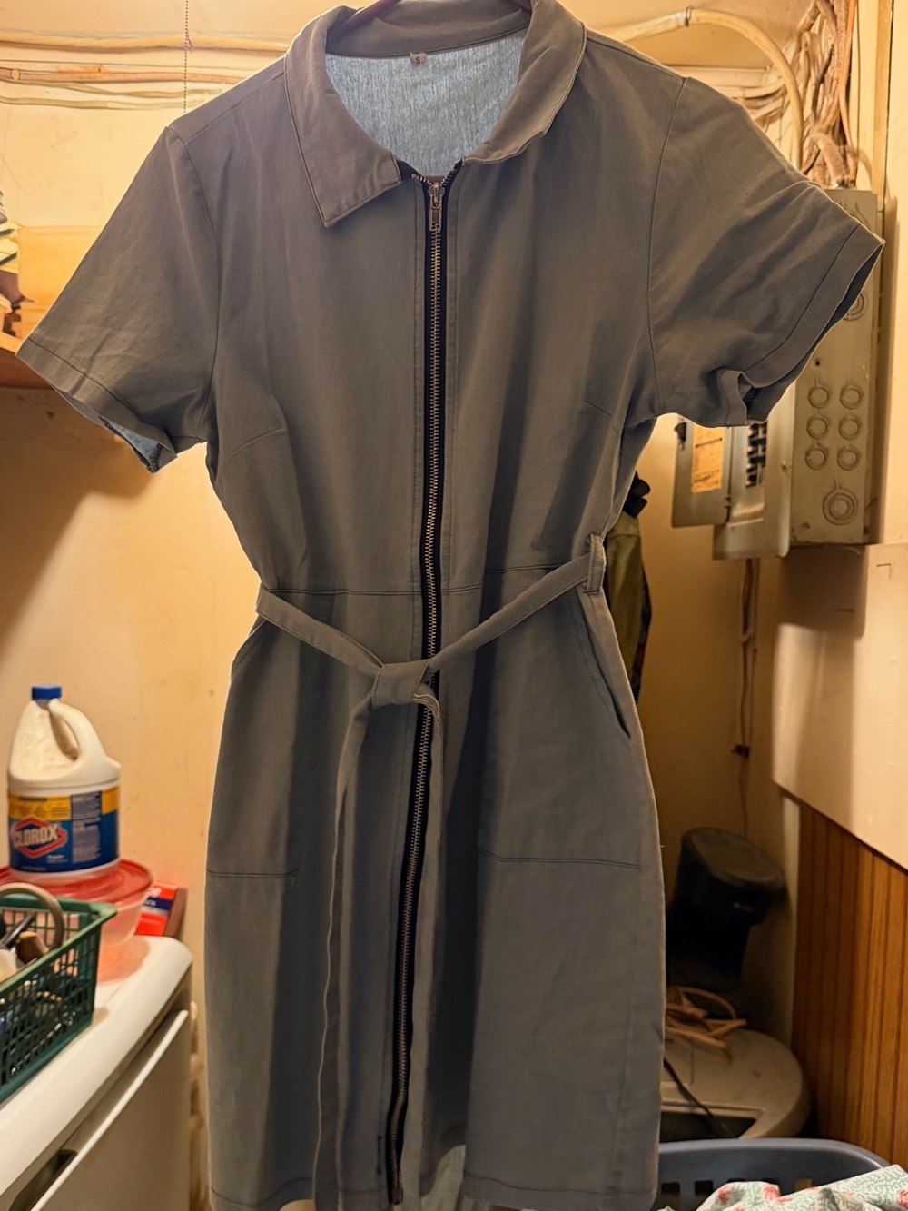 Women’s Short-Sleeve Zip-Front Utility Dress in light blue
